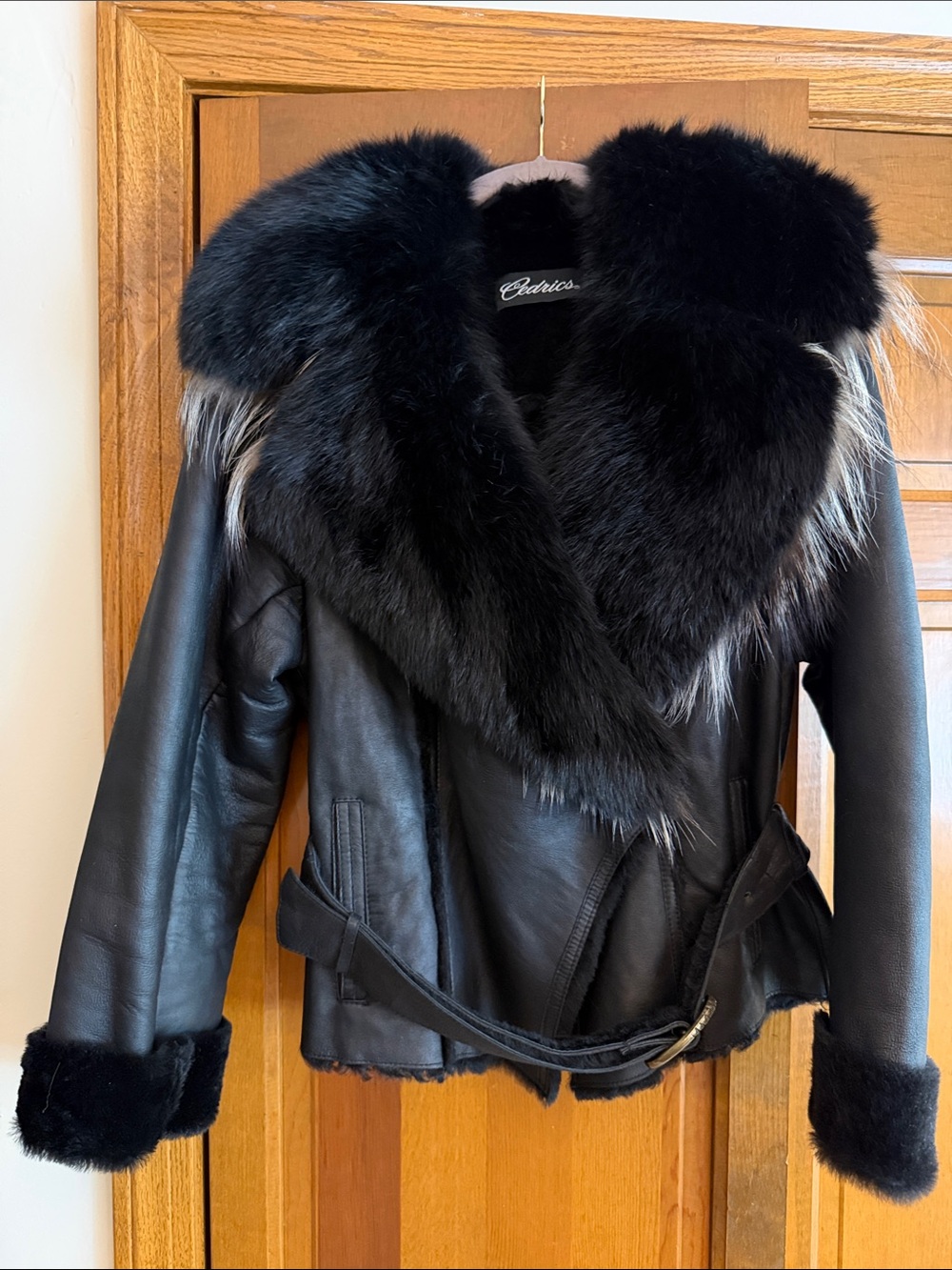 Black Leather Jacket with Black Fur Collar and Cuffs